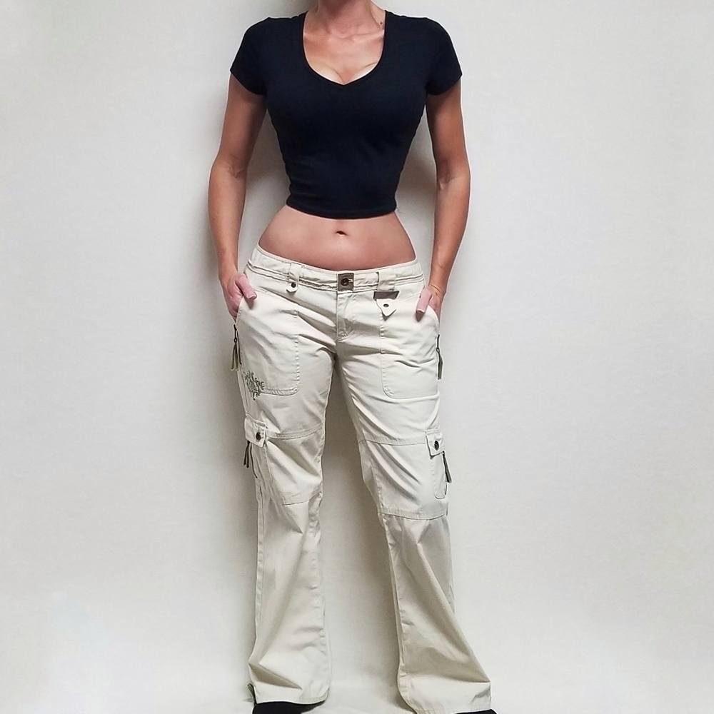 Rare Allyance ATG Grunge Cream Green Floral Low Rise Lace-up Flare Cargo Pants - Picture 2 of 16